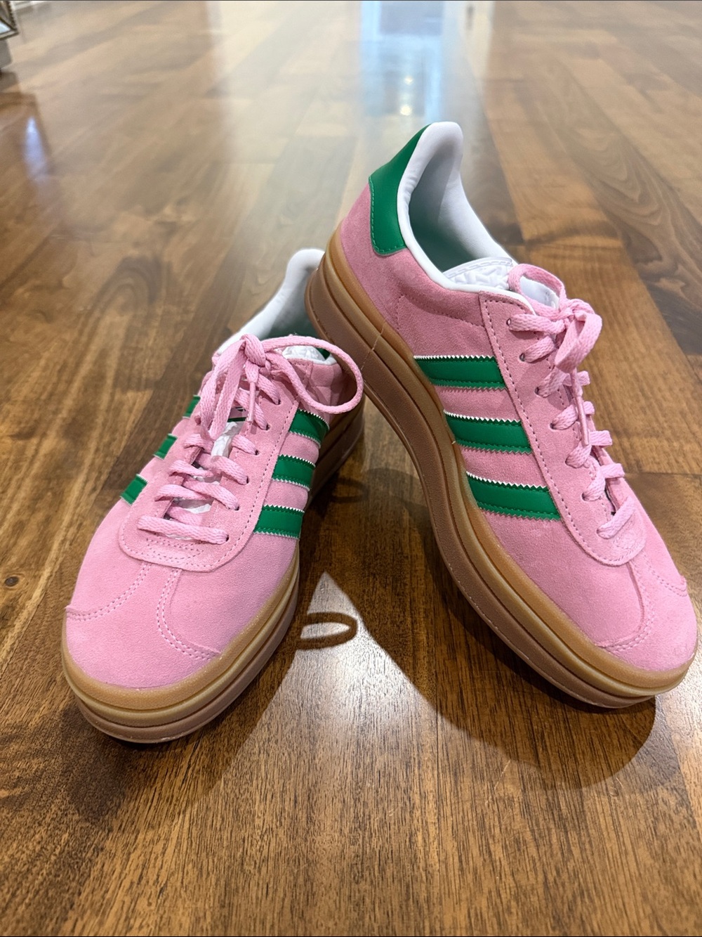 adidas Pink Suede Platform Sneakers with Green Stripes